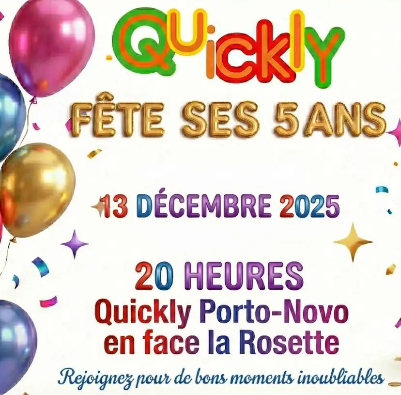 Affiche « Quickly fête ses 5 ans », 13 décembre 2025, 20 heures, Quickly Porto-Novo.