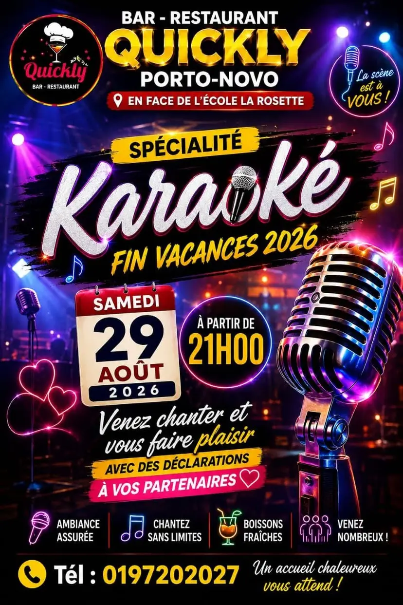Affiche « Karaoké, fin vacances 2026 », samedi 29 août à 21 h.