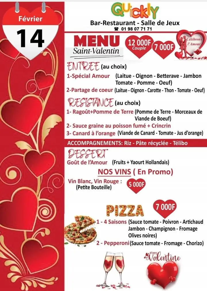 Le menu de Saint-Valentin du 14 février 2026.